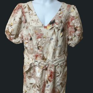 Express Cream and Red Floral Jumpsuit with Puff Sleeves